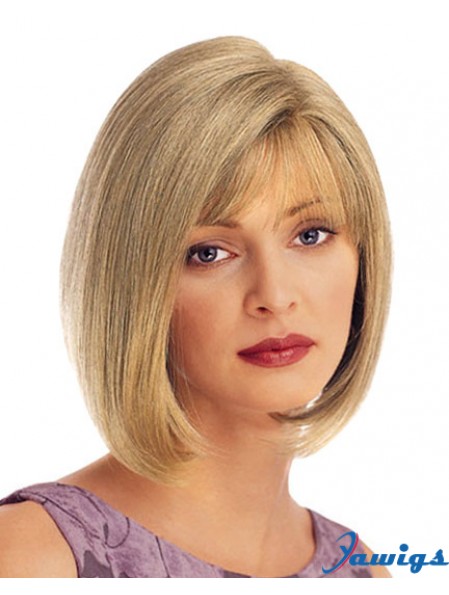 Chin Length Straight Blonde With Bangs UK Cheap Monofilament Wigs