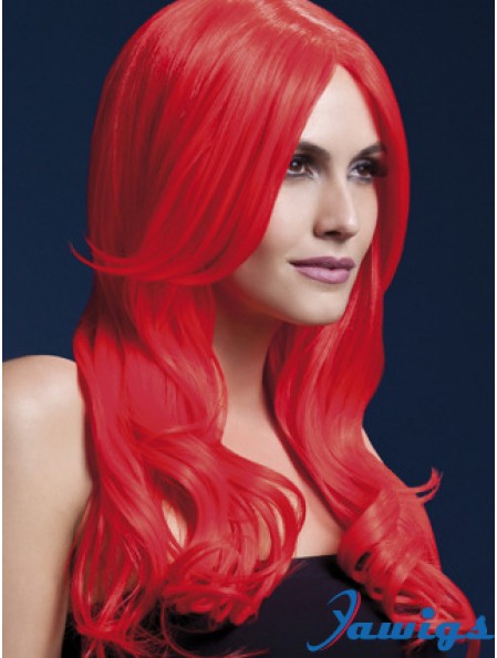 Synthetic Long Hair Wigs Red Color Wavy Style With Capless