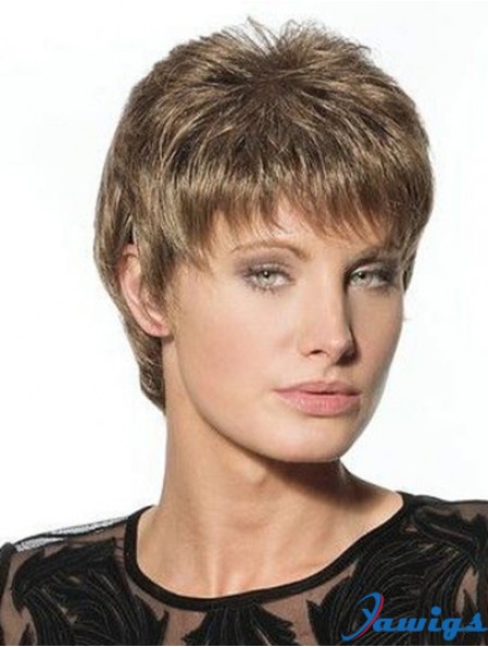 Suitable Brown Cropped Boycuts Straight Glueless Lace Front Wigs