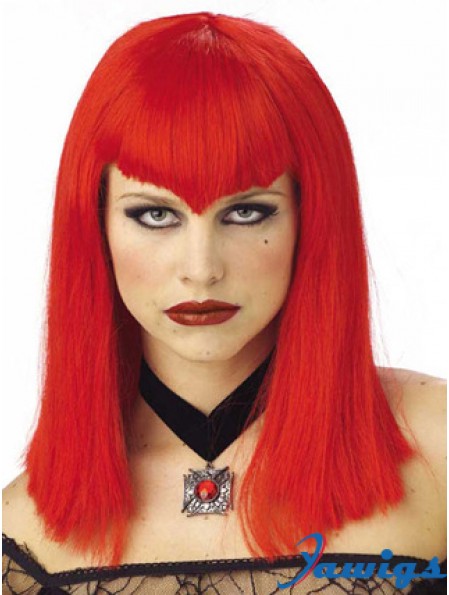 Straight With Bangs Shoulder Length Red Discount Lace Front Wigs