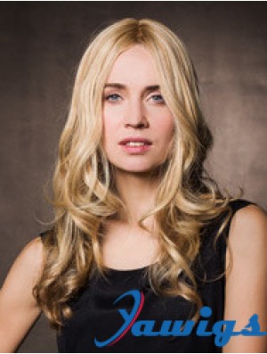 Monofilament Synthetic 17 inch Long Wavy Blonde Without Bangs Cheap Wigs For Cancer Patients