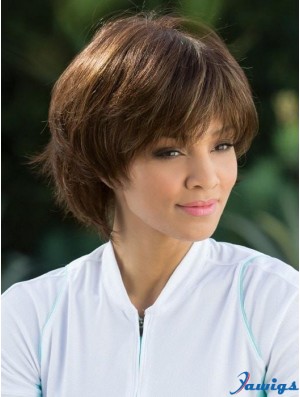 Straight Brown With Bangs 8 inch Mono Top Wigs