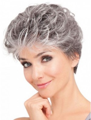 Lace Front Synthetic Grey Short Wavy Elderly Lady Hair Wigs