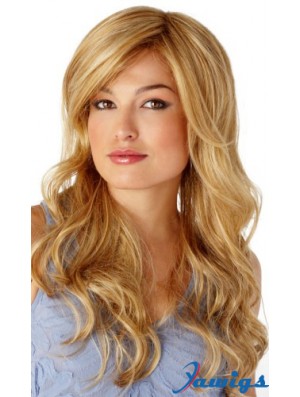 Sleek Blonde Wavy With Bangs Monofilament Long Wigs