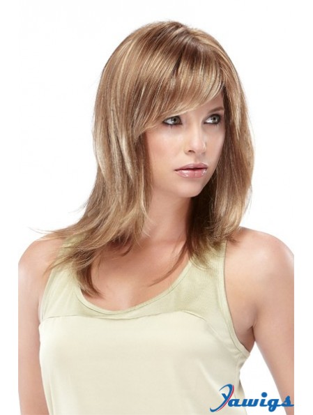 Straight With Bangs Shoulder Length Blonde Designed Lace Front Wigs