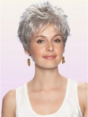 Grey Wig With Capless Cropped Length Boycuts Wavy Style