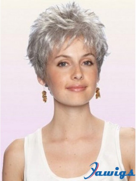 Grey Wig With Capless Cropped Length Boycuts Wavy Style