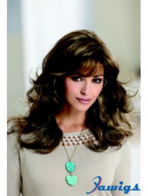 Sleek Brown Wavy With Bangs Capless Long Wigs