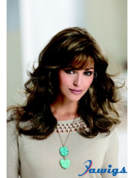 Sleek Brown Wavy With Bangs Capless Long Wigs