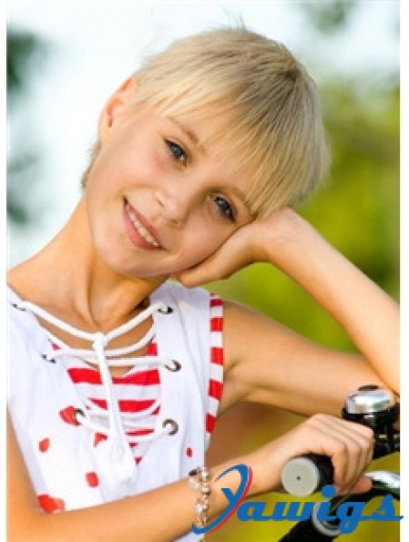 Straight Short Blonde Remy Human Hair 100% Hand-tied Kids Wigs