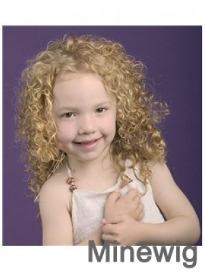 Curly Shoulder Length Blonde Synthetic 100% Hand-tied Kids Wigs