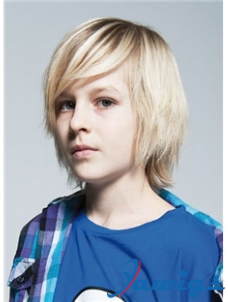 Straight Chin Length Blonde Remy Human Hair Capless Kids Wigs