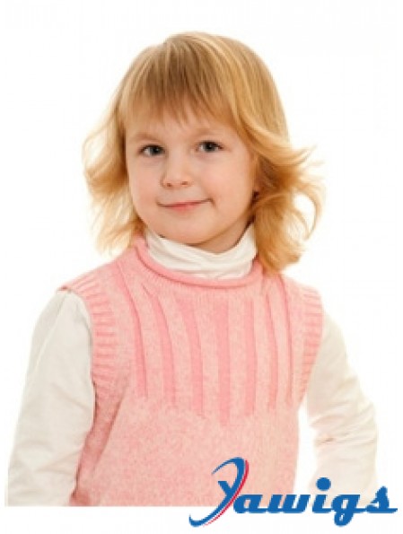 Wavy Shoulder Length Blonde Remy Human Hair 100% Hand-tied Kids Wigs