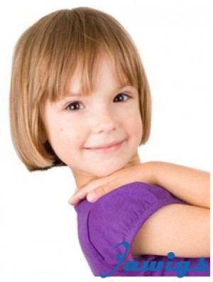 Straight Short Blonde Remy Human Hair 100% Hand-tied Kids Wigs