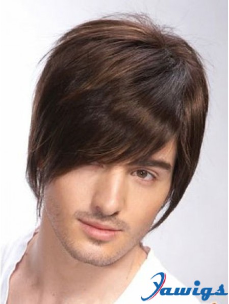 100% Hand Tied Brown Remy Human Short Straight Wigs Man