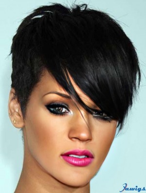 Rihanna Style Glueless Lace Wigs With Bangs Black Color