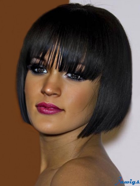 Black Straight With Bangs 100% Hand-tied 10 inch Affordable Rihanna Wigs