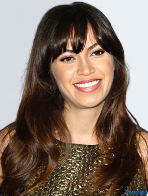 No-Fuss Brown Long Wavy 22 inch With Bangs Zooey Deschanel Wigs