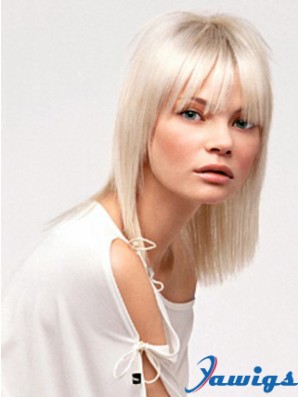 Lace Front With Bangs Shoulder Length Straight 14 inch Platinum Blonde No-Fuss Fashion Wigs