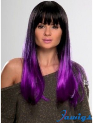 Sassy Ombre/2 Tone Long Straight With Bangs 22 inch Human Lace Wigs