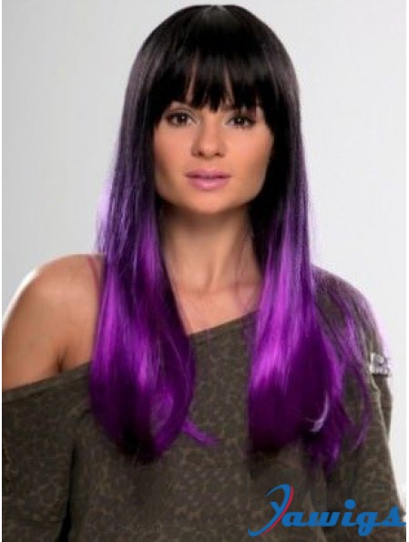 Sassy Ombre/2 Tone Long Straight With Bangs 22 inch Human Lace Wigs