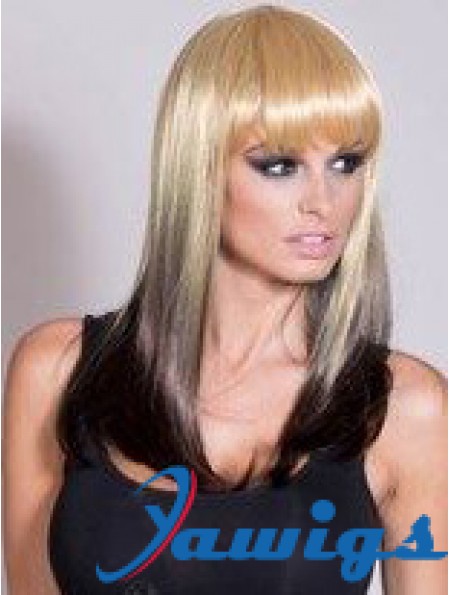 Affordable Ombre/2 Tone Long Straight With Bangs 20 inch Human Lace Wigs