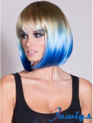 Discount Ombre/2 Tone Short Straight With Bangs 14 inch Human Lace Wigs