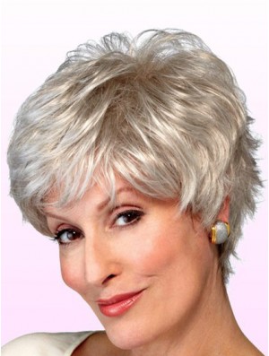 Wigs Elderly Lady Grey Style Short Length Wavy Style