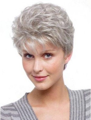 Wigs For Elderly Lady With Synthetic Grey Cut Wavy Style