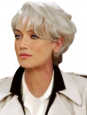 Grey Short Remy Human Hair Capless Wavy Wigs for Lady 8 Inch