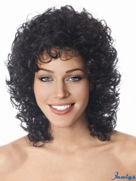 Shoulder Length Black Curly Layered Sleek African American Wigs